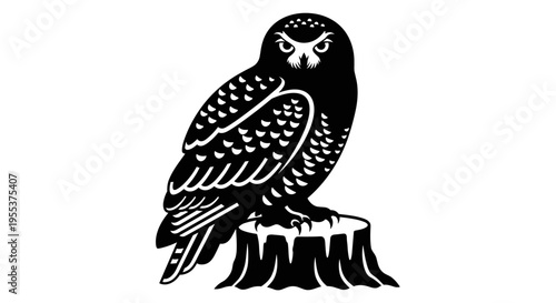Owl Sitting on Tree Stump.
