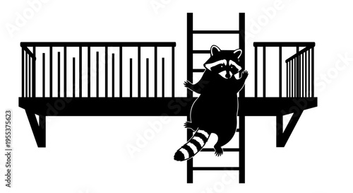 Raccoon on a ladder outdoors.