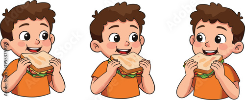 Cartoon boy eating sandwich, happy child lunch moment, food illustration for kids, snack time vector, healthy meal concept art