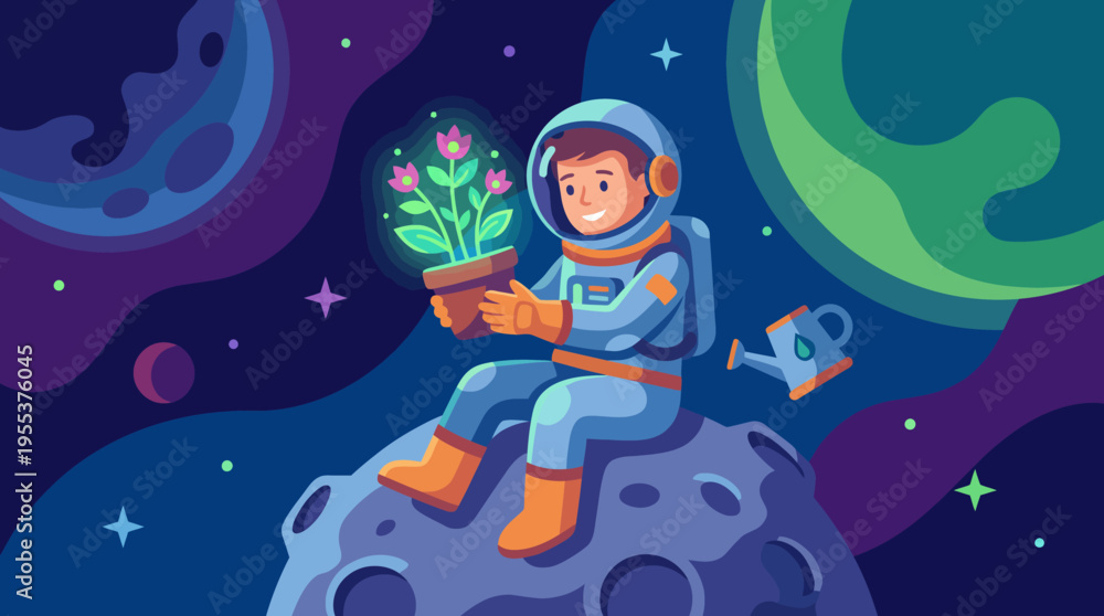 Naklejka premium An astronaut in a space suit gently holds a flowering plant in a pot, seated on a moon surface, showcasing the connection between nature and exploration in a whimsical setting.