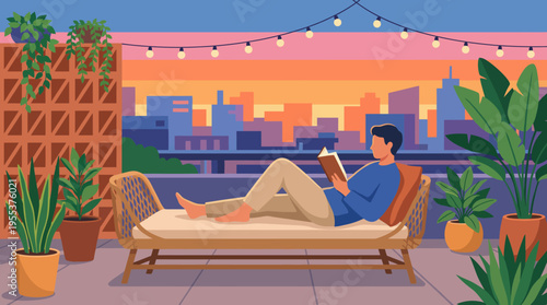 A relaxed man reclining on a stylish lounge, deeply engrossed in a book as he enjoys a stunning sunset view from a rooftop adorned with serene plants and lights.