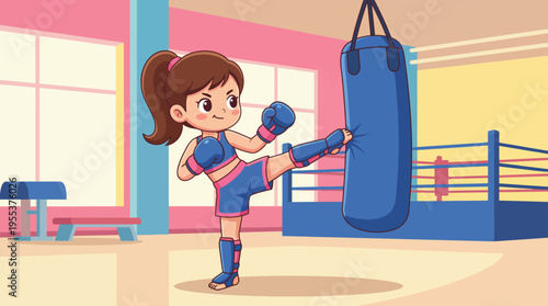 A determined young girl is kicking a punching bag while wearing karate gear, showcasing her dedication to martial arts and physical fitness amidst a vibrant gym background.