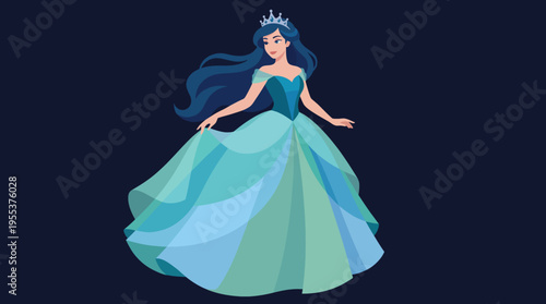 The elegant princess wearing a beautiful gown with a crown showcases beauty and grace, inviting viewers into a world of fantasy and royal charm in this captivating illustration.