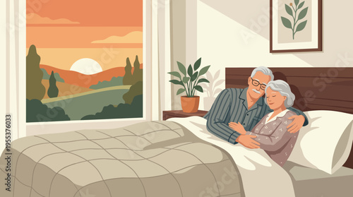 An elderly couple is sharing a tender moment as they cuddle in bed, depicting love and companionship against a warm backdrop of a setting sun and serene landscape outside.