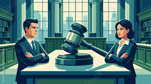 In a dynamic courtroom setting, two focused lawyers are preparing for a case as a gavel is poised, illustrating the intensity of legal battles and the pursuit of justice.