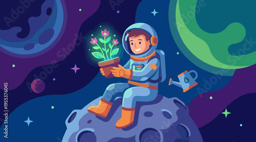 An astronaut in a space suit gently holds a flowering plant in a pot, seated on a moon surface, showcasing the connection between nature and exploration in a whimsical setting.