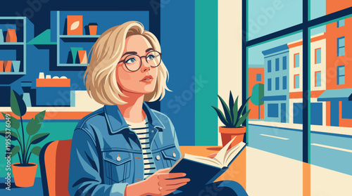 A stylish woman with glasses is lost in thought while reading a book in a beautifully designed café, encapsulating a moment of reflection and tranquility.