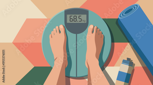 A person stands on a sleek, modern scale displaying their weight, with a vibrant abstract background that symbolizes fitness and self-awareness, ideal for health-related themes.