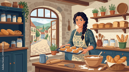 A smiling baker holds a tray filled with freshly baked rolls, surrounded by a rustic kitchen with shelves stacked with various breads, radiating warmth and homey charm.