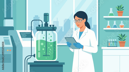 A focused scientist in a lab coat examines green liquid in a fermenter while holding a tablet, representing scientific exploration and innovative research in a vibrant laboratory environment.