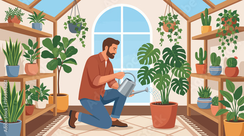 A man kneels to water a large potted plant among a variety of indoor plants in a sunlit greenhouse, symbolizing care for nature and the joy of nurturing greenery.