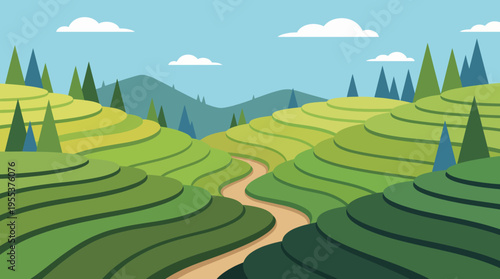This illustration showcases vibrant, rolling green hills under a clear blue sky, dotted with fluffy clouds and surrounded by colorful trees, creating a serene landscape.