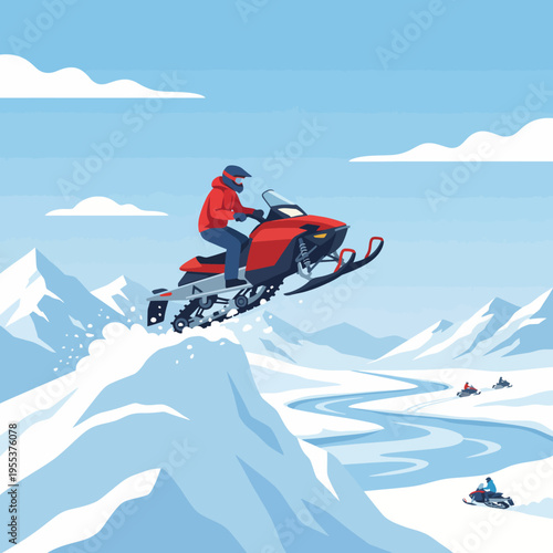 An exhilarating moment captured as a snowmobiler performs a jump over snow-covered mountains, showcasing adventure and the thrill of winter sports in a picturesque scenery.