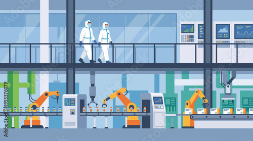 This image showcases advanced robotics at work in a modern factory setting, emphasizing automation for efficiency and precision in manufacturing processes.