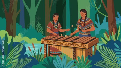 Two women in traditional attire play a marimba in a lush forest setting, showcasing cultural harmony and the beauty of music intertwined with nature.