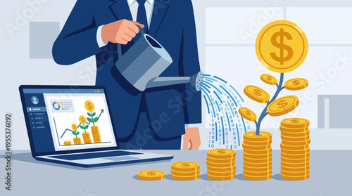 An illustration depicting the act of nurturing financial growth, where a figure waters a growing money tree emerging from a laptop, symbolizing digital investment success.