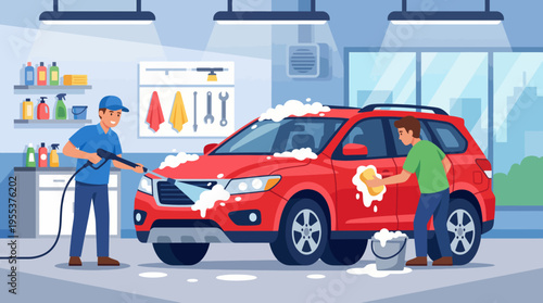 Two workers wash a red SUV in a bright garage, one using a pressure washer while the other scrubs the vehicle, illustrating teamwork and dedication to vehicle care and cleaning.