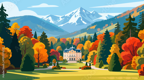 A picturesque autumn landscape featuring a grand mansion nestled amid vibrant fall foliage and majestic mountains, creating a serene and enchanting scene of nature's beauty.