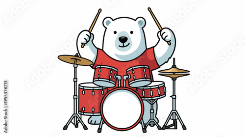 A cheerful polar bear is drumming energetically on a bright red drum set, showcasing a playful and creative atmosphere that brings joy and excitement to the scene.