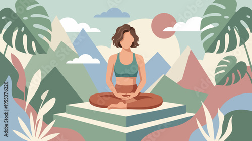 An illustration of a serene woman meditating in a peaceful environment filled with mountains and lush greenery, representing inner peace and the connection of nature and spirit.