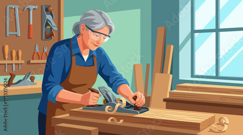 An experienced craftsman meticulously works on a wooden project in a workshop, showcasing the beauty of traditional woodworking techniques and the joy of creating with hands.