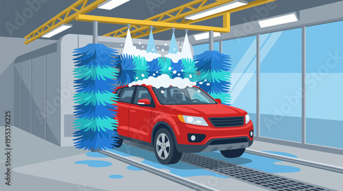 A red car is moving through a modern automated car wash, as colorful brushes apply soap and water, representing cleanliness and convenience in vehicle maintenance.