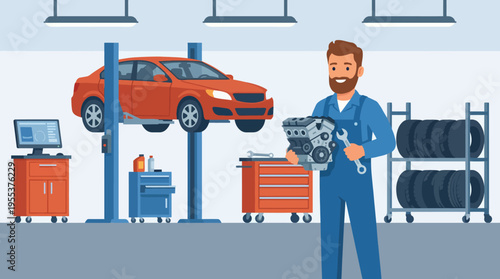 A skilled mechanic is proudly holding a car engine in a well-equipped repair shop, emphasizing the expertise and craftsmanship involved in automotive repair and maintenance.