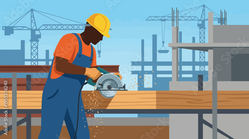 A construction worker skillfully operates a power saw on a job site, illustrating the hard work and dedication involved in building and construction activities.