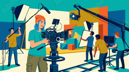 A diverse film crew collaborates on a movie set, demonstrating the teamwork and technology involved in creating visual storytelling through film and media production.