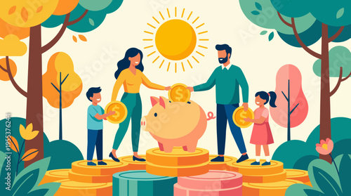 A happy family gathers around a piggy bank, illustrating the importance of saving money together and the values of financial literacy and responsibility in family life.