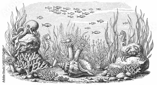 Vintage Engraving of Underwater Marine Life Scene