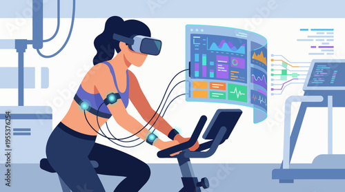 A woman engages in a virtual reality cycling workout, showcasing the integration of technology in fitness and the evolution of exercise through innovative experiences.