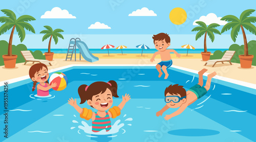 Children joyfully play in a sunny swimming pool, capturing the essence of summer fun, laughter, and the carefree spirit of childhood during a family holiday.