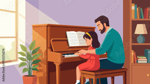 A loving father and daughter are playing piano together in a cozy room, symbolizing the bond between parent and child and the joy of sharing musical experiences.