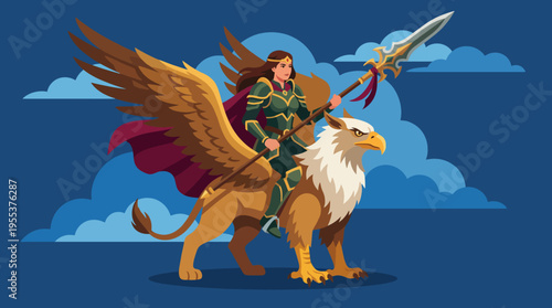 A valiant warrior in armor is riding a majestic griffin, showcasing strength and courage in a fantastical setting filled with clouds, emphasizing heroism and adventure.