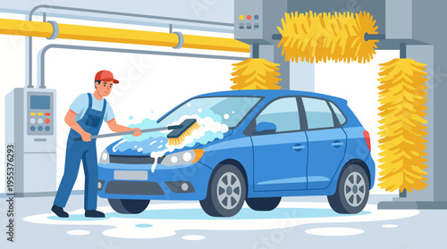 A man is diligently washing a blue car in a modern car wash setting, focusing on cleanliness, maintenance, and the satisfaction of taking care of personal belongings.