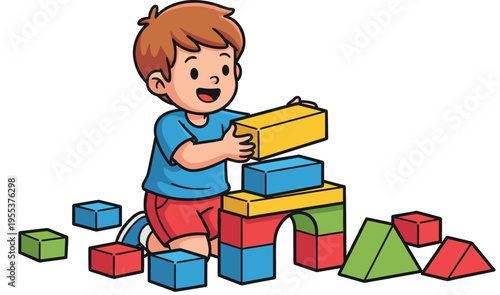 Cute little boy happily playing with colorful toy blocks, building creative structure, educational fun activity, early childhood development, learning concept.