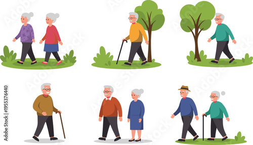 Active elderly couple walking in the park with cane, seniors staying healthy, outdoor lifestyle, aging gracefully, senior fitness.