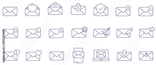 Email Web Icon Set in Line Style. Collection of E-mail and Letter Linear Icons, Including mail, envelope, email, postal, letter sent, inbox, new mail,