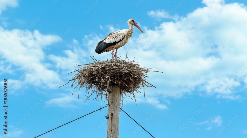 Fototapeta premium A Stork Standing Proudly on Its Nest Against a Bright Blue Sky Surrounded by Clouds in a Serene Natural Environment, Symbolizing Nature and Wildlife Conservation