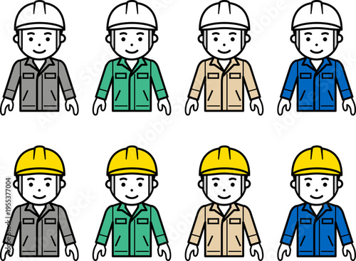 両手を下ろしたヘルメットと作業服を着用した男性のアイコン。その2