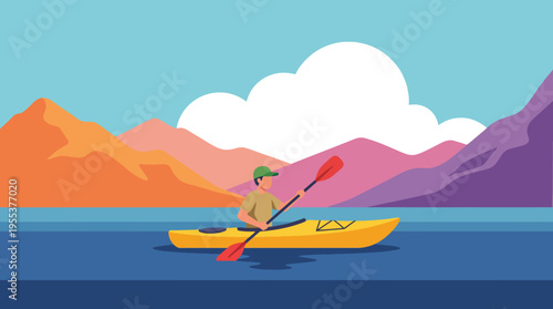 A lone kayaker is navigating through serene waters of a picturesque lake surrounded by majestic mountains, representing adventure, tranquility, and connection with nature.
