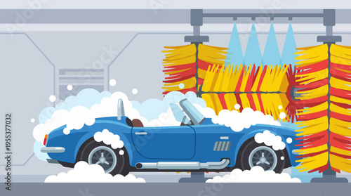 A blue convertible car is being washed in a modern facility showcasing a clean environment with soapy bubbles and bright colors that emphasize cleanliness and care.