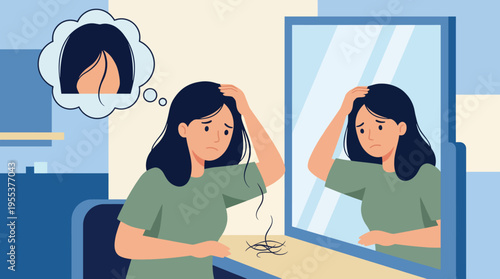 A woman appears distressed while looking at her reflection, holding a strand of hair in her hand. The image highlights feelings of sadness related to hair loss and self-image.