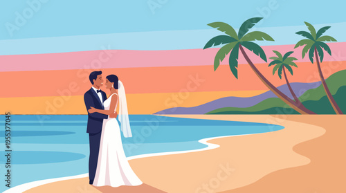 A couple stands close, embracing each other on a serene beach at sunset. The soft colors of the sky create a romantic atmosphere celebrating love and connection.