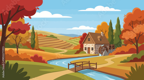 A picturesque autumn landscape featuring vibrant foliage and a charming cottage beside a stream. This image evokes the beauty and warmth of fall in nature.