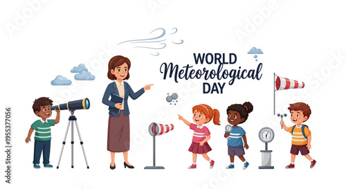 Illustration of children and a woman celebrating World Meteorological Day with weather monitoring equipment and educational elements.