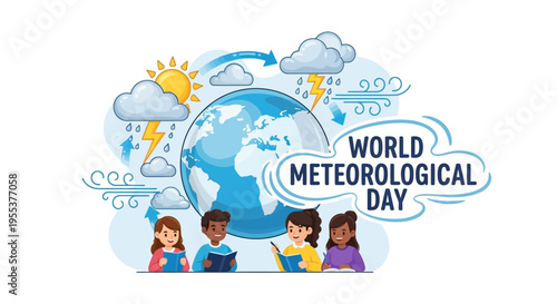 Illustration of World Meteorological Day with diverse children standing in front of a globe surrounded by weather elements like clouds, lightning, and sun, conveying climate science
