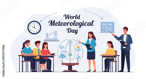 Illustration of a group of people in a classroom setting celebrating World Meteorological Day with a globe and weather-related educational materials.
