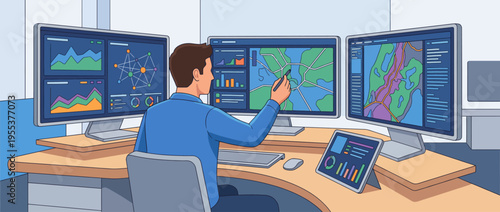 A focused professional analyzes data on multiple screens displaying graphs and maps. This image embodies the importance of technology and data in decision-making.